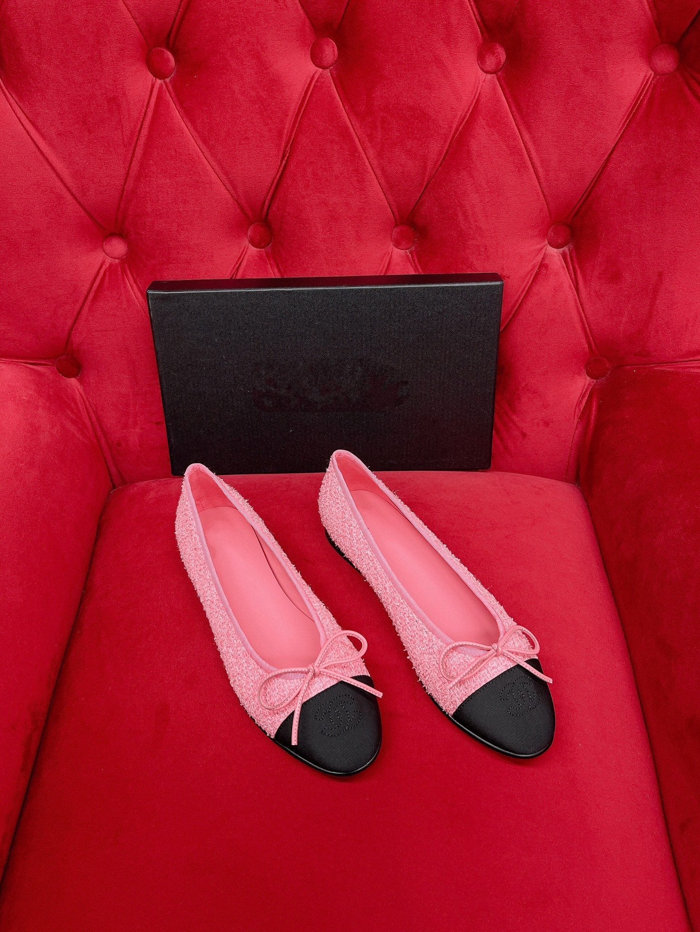 ballet flat pink black tweed grosgrain