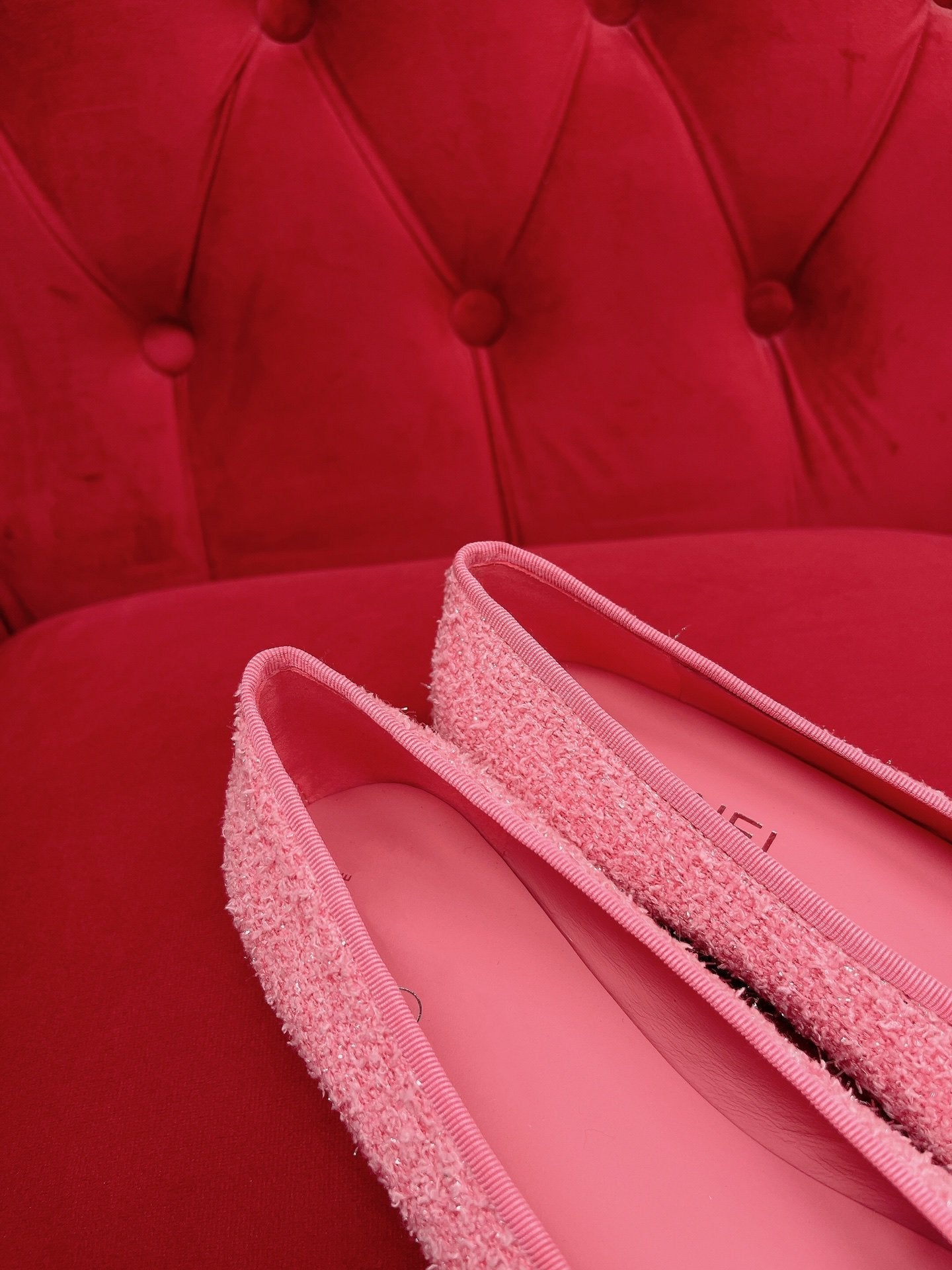 ballet flat pink black tweed grosgrain