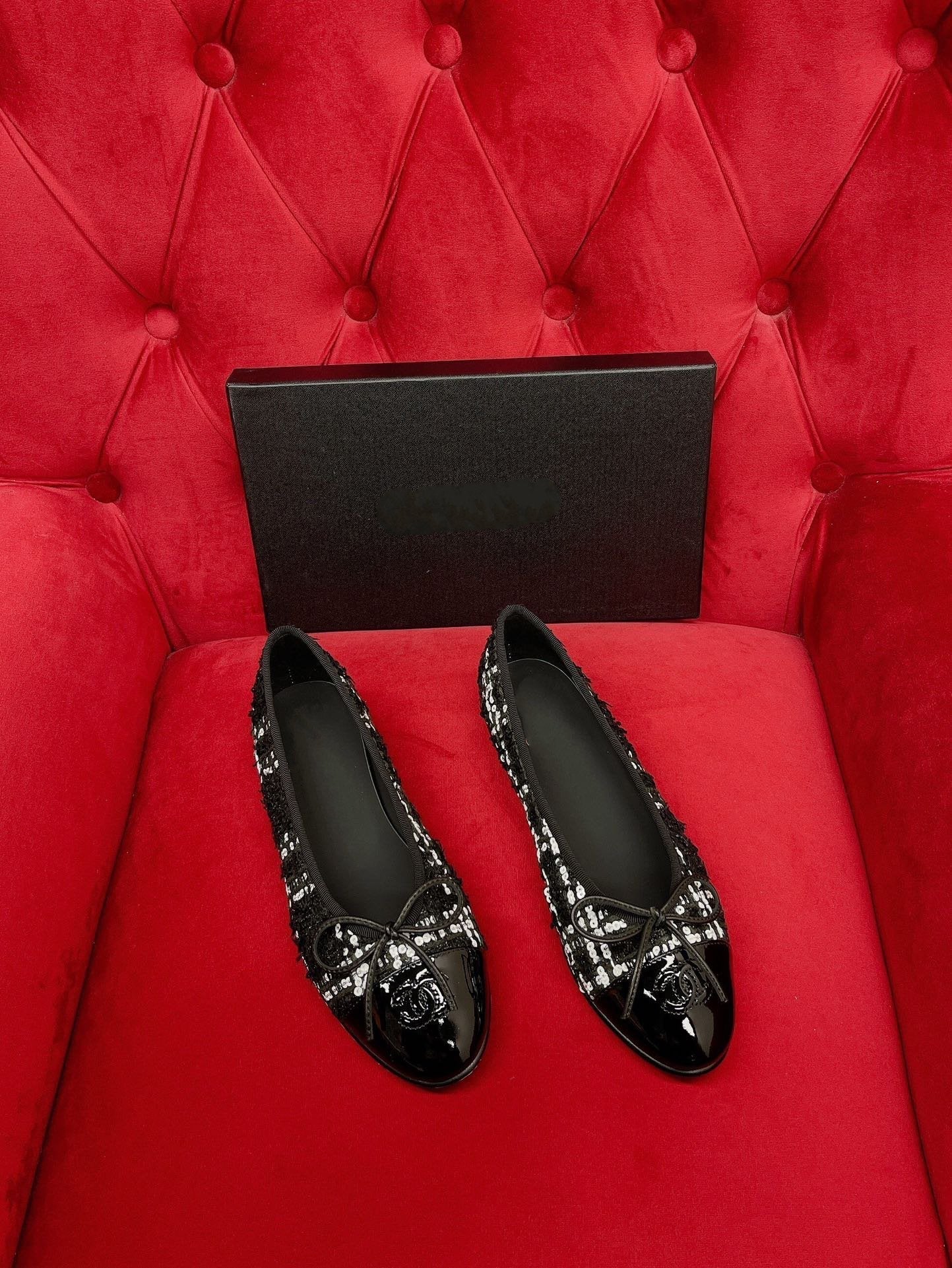 ballet flat black white tweed lambskin