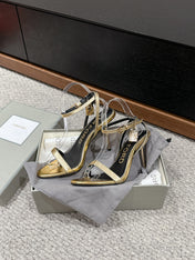 PADLOCK POINTY NAKED SANDAL 85 MM IN GOLD CALFSKIN