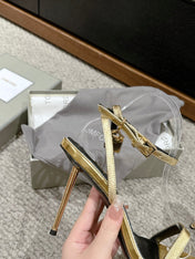 PADLOCK POINTY NAKED SANDAL 85 MM IN GOLD CALFSKIN