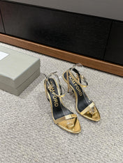 PADLOCK POINTY NAKED SANDAL 85 MM IN GOLD CALFSKIN