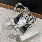 PADLOCK POINTY NAKED SANDAL 85 MM IN SILVER CALFSKIN