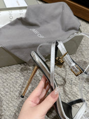 PADLOCK POINTY NAKED SANDAL 85 MM IN SILVER CALFSKIN