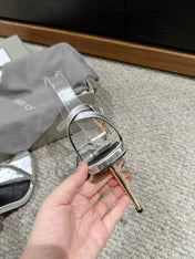 PADLOCK POINTY NAKED SANDAL 85 MM IN SILVER CALFSKIN