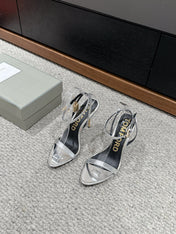 PADLOCK POINTY NAKED SANDAL 85 MM IN SILVER CALFSKIN