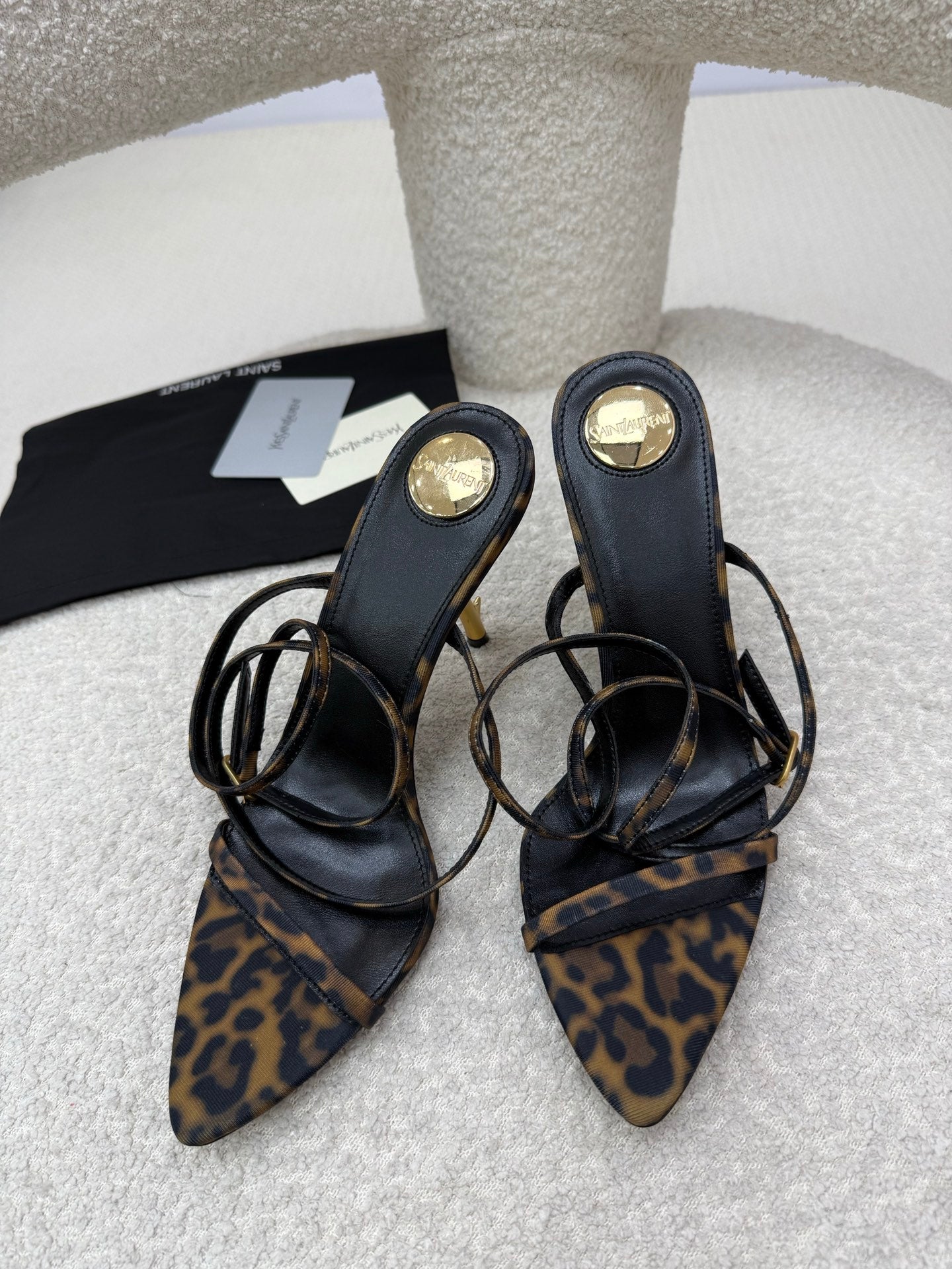 YSL 25S STRAPPY HIGH-HEEL SANDALS 95 MM IN LEOPARD PRINT LAMBSKIN