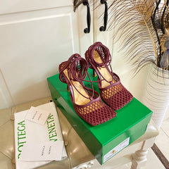 STRETCH LACE-UP SANDAL IN WINE RED METALLIZED MESH AND LEATHER 9 CM