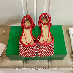 LACE-UP FLAT SANDAL IN RUBY RED METALLIZED MESH AND LEATHER WITH RHINSTONES