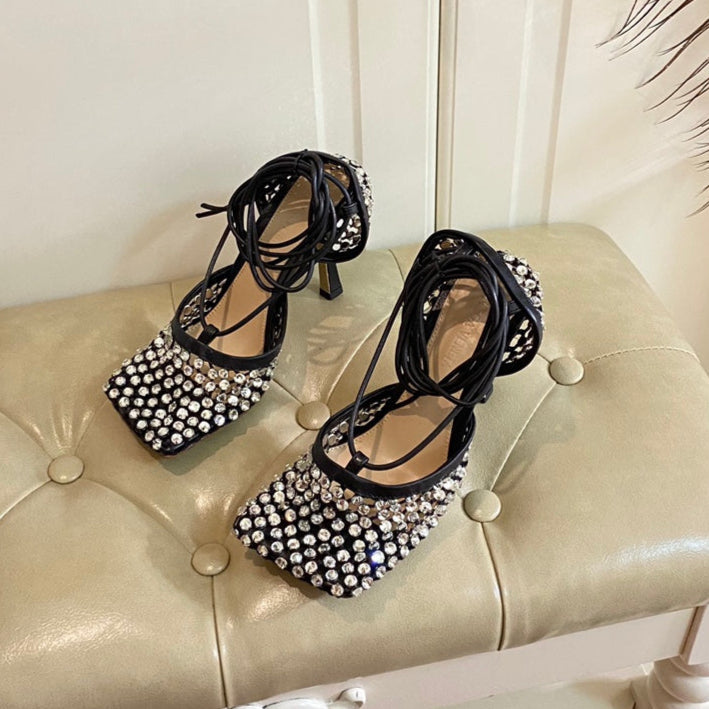 LACE-UP SANDAL IN BLACK METALLIZED MESH AND LEATHER WITH RHINSTONES 9 CM