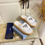 PRADA 26S SLIDE SANDALS CORK SOLE IN WHITE LOGO RAFFIA