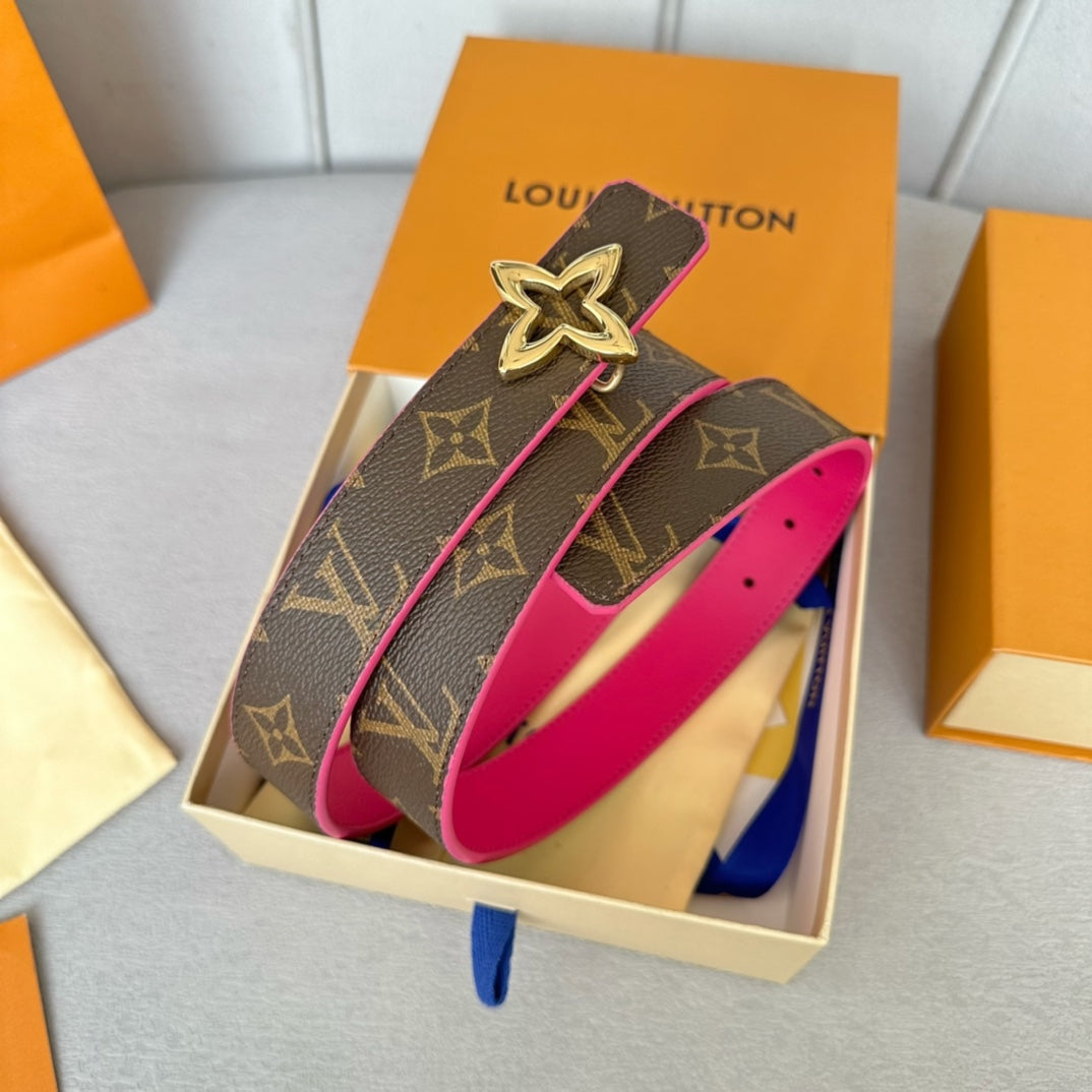 LV Flowergram 30mm Reversible Belt Gold Buckle Hot Pink Brown Leather