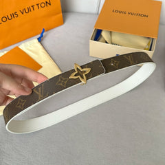 LV Flowergram 30mm Reversible Belt Gold Buckle White Brown Leather