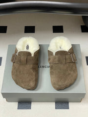 BALENCIAGA 25S FUR-LINED MULES IN DARK EARTH BROWN FAUX LEATHER