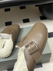 BALENCIAGA 25S FUR-LINED MULES IN TAUPE GRAY FAUX LEATHER