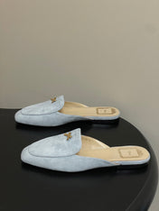 DIOR 26S MULES IN LIGHT BLUE GRAY SUEDE WITH BOW