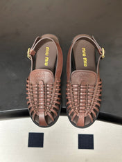 MIUMIU 26S SLINGBACK FISHERMAN SANDALS IN DARK BROWN CALFSKIN