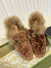 HORSEBIT MULE IN SYRUP BROWN MONOGRAM VELVET AND LAMB WOOL LINING