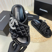 Women's slippers with two crossed straps sheepskins black