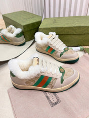 SNEAKER WITH WEB IN BEIGE GREEN FABRIC MIX SUEDE AND LAMB WOOL LINING