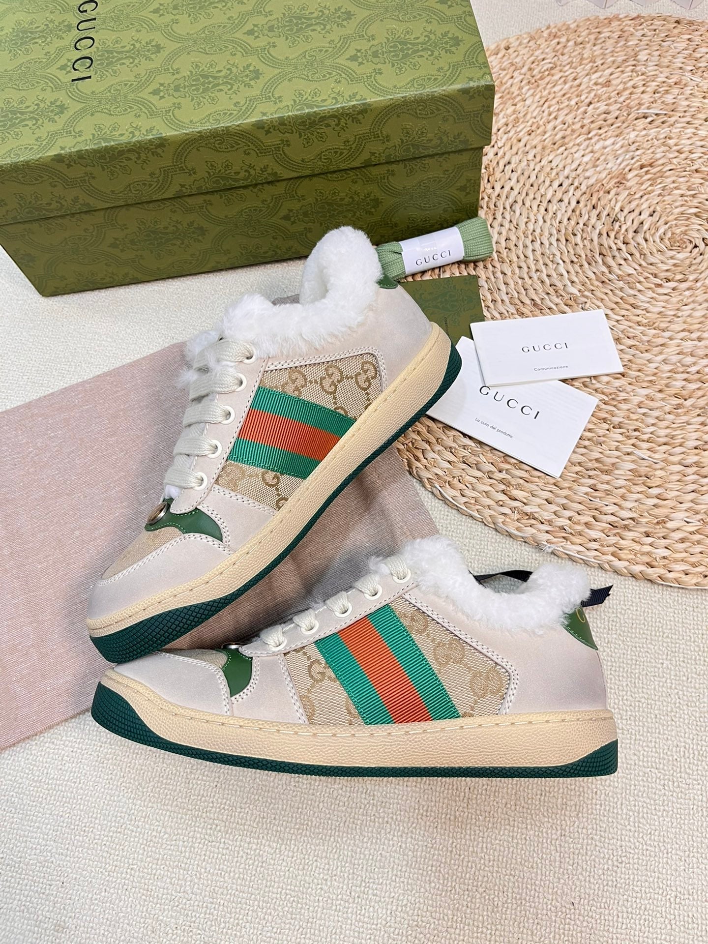 SNEAKER WITH WEB IN BEIGE GREEN FABRIC MIX SUEDE AND LAMB WOOL LINING