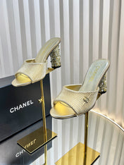 CHANEL 26S EMBELLISHED HEELED SANDALS 80 MM IN GOLD LAMBSKIN