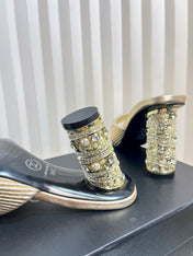 CHANEL 26S EMBELLISHED HEELED SANDALS 80 MM IN GOLD LAMBSKIN