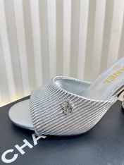 CHANEL 26S EMBELLISHED HEELED SANDALS 80 MM IN SILVER LAMBSKIN
