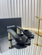 CHANEL 26S EMBELLISHED HEELED SANDALS 80 MM IN BLACK LAMBSKIN