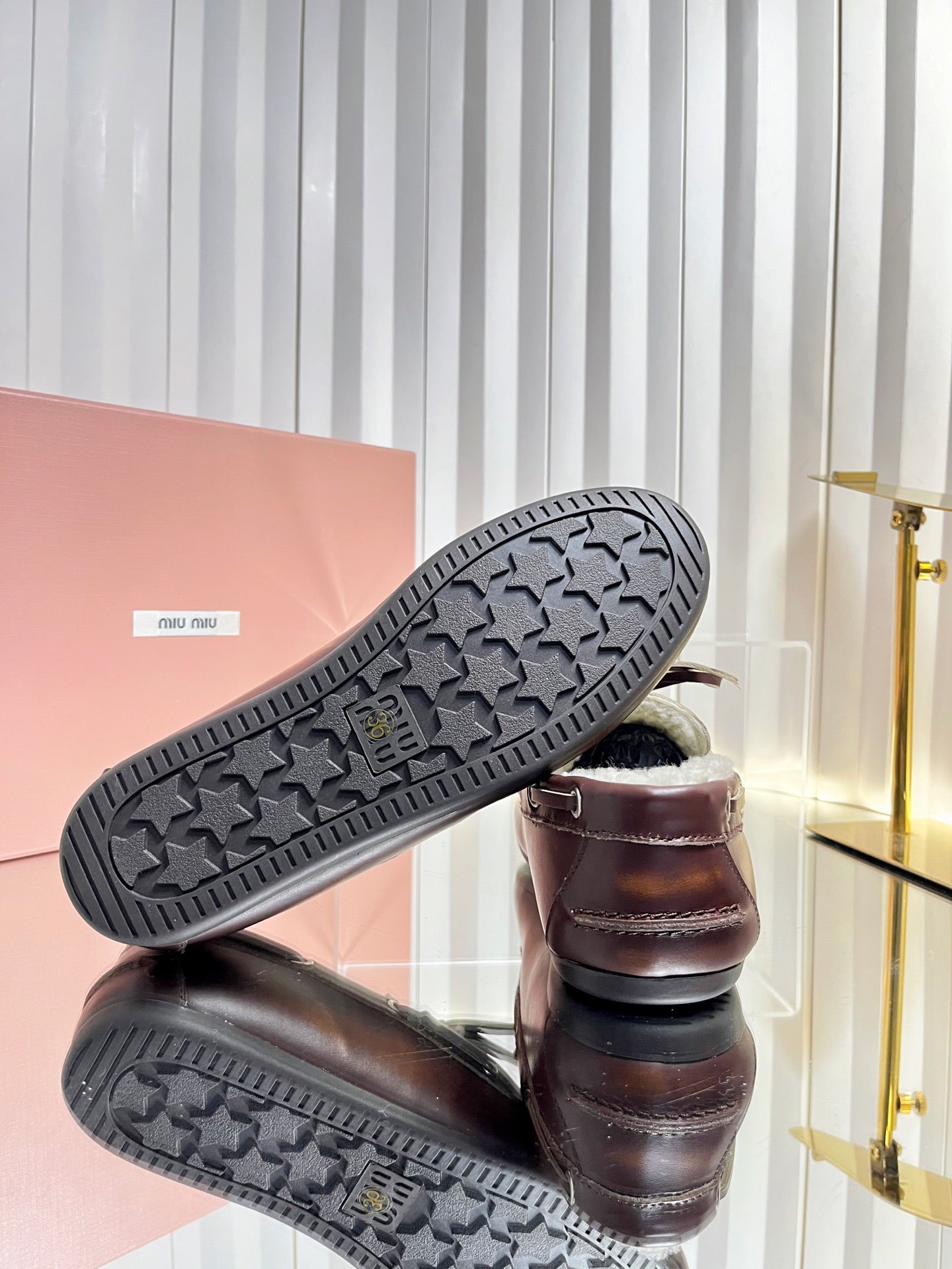 MIUMIU 26S FUR BOAT SHOES IN BROWN CALFSKIN