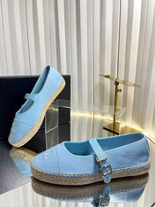CHANEL 26S ESPADRILLE MARY JANE SHOES IN BLUE LAMBSKIN