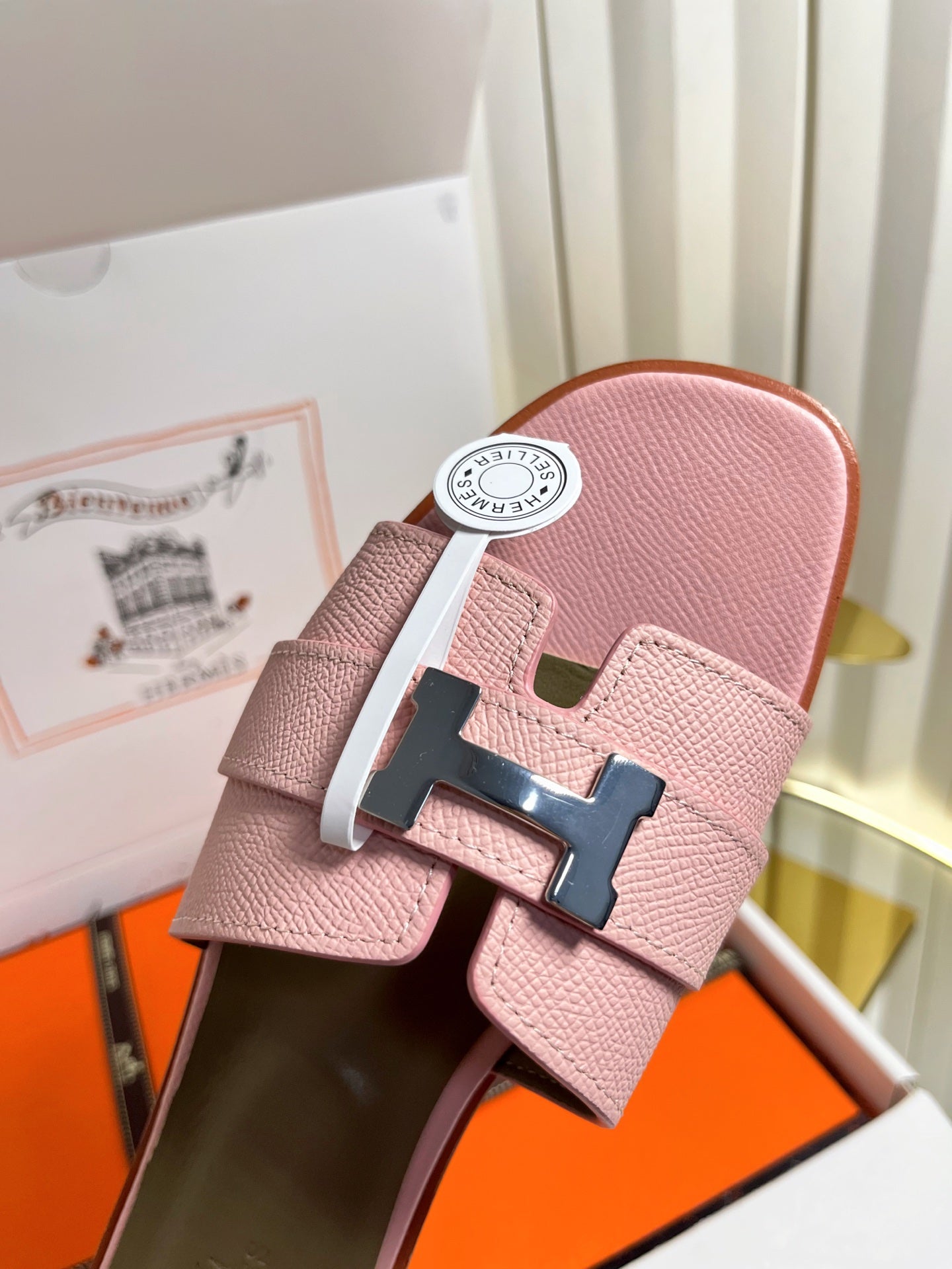 HM 26S ORAN SANDALS IN PINK EPSOM CALFSKIN SILVER HARDWARE
