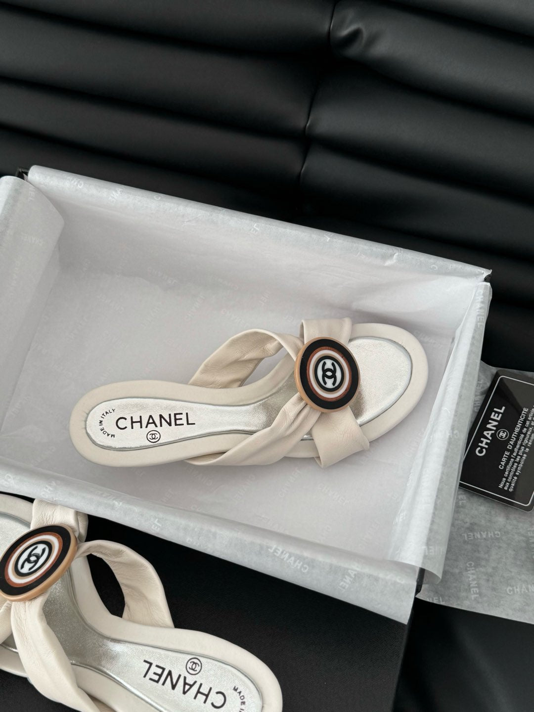 WHITE FABRIC CC SLIDE SANDALS