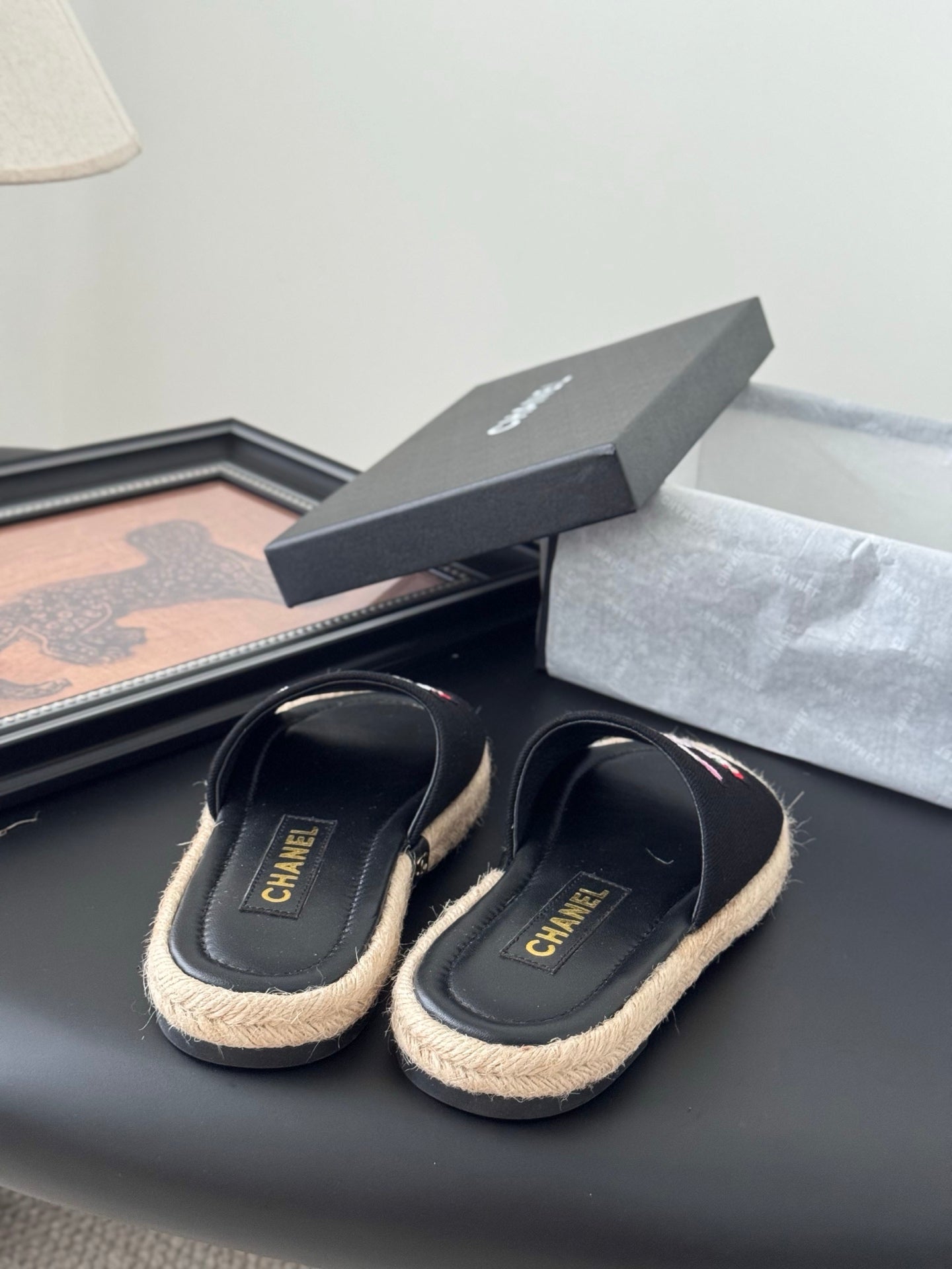 SLIPPERS IN BLACK SHEEPSKIN MIX FABRIC AND STRAPS BASE