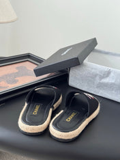 SLIPPERS IN BLACK SHEEPSKIN MIX FABRIC AND STRAPS BASE