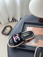 SLIPPERS IN BLACK SHEEPSKIN MIX FABRIC AND STRAPS BASE