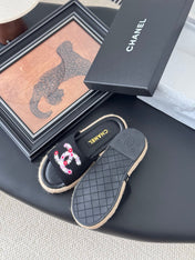 SLIPPERS IN BLACK SHEEPSKIN MIX FABRIC AND STRAPS BASE