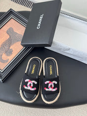 SLIPPERS IN BLACK SHEEPSKIN MIX FABRIC AND STRAPS BASE