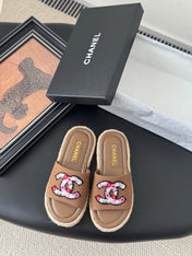 SLIPPERS IN BROWN LAMBSKIN MIX FABRIC AND STRAPS BASE