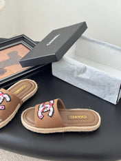 SLIPPERS IN BROWN LAMBSKIN MIX FABRIC AND STRAPS BASE