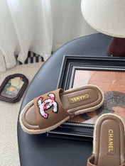 SLIPPERS IN BROWN LAMBSKIN MIX FABRIC AND STRAPS BASE