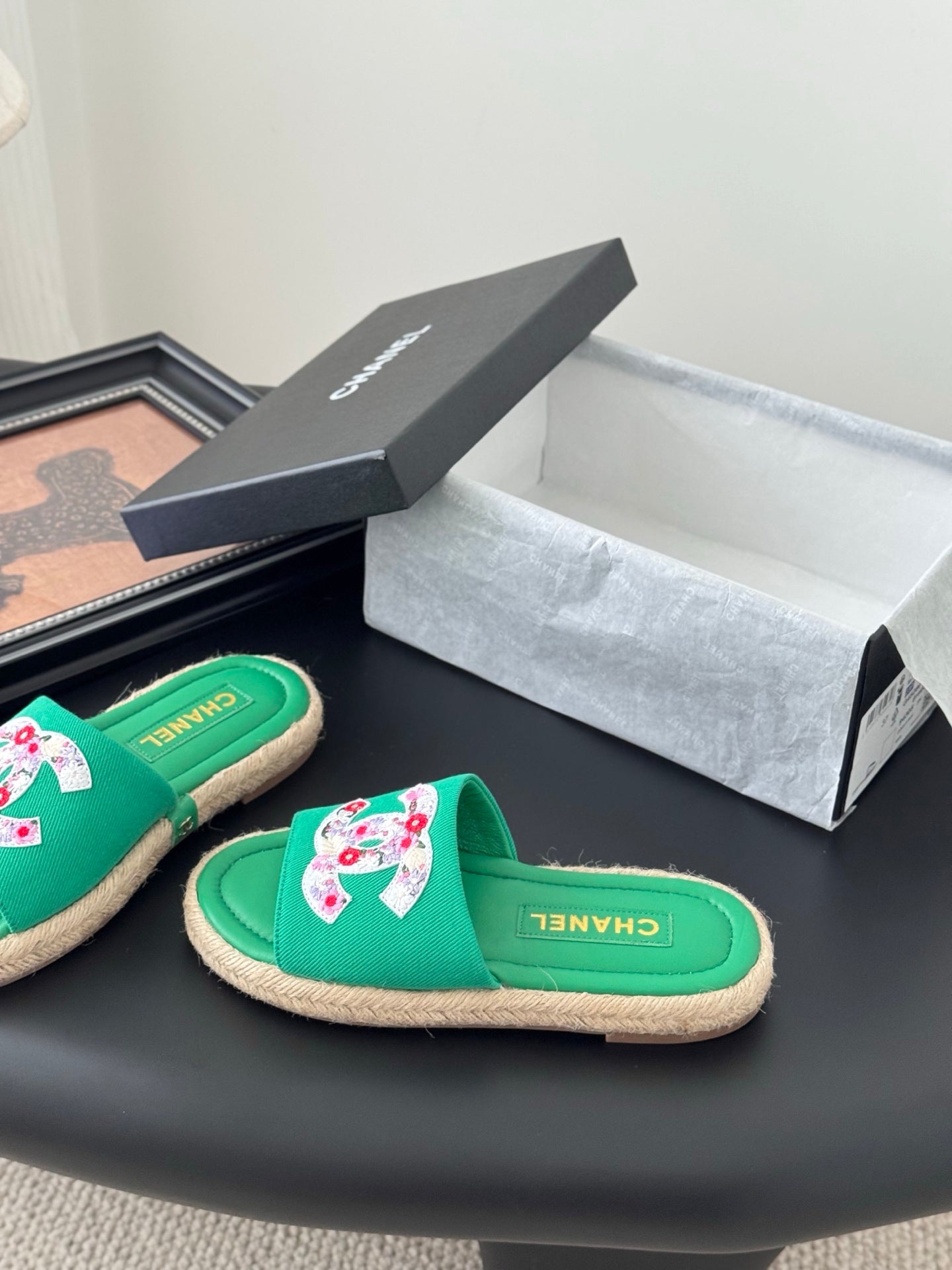 SLIPPERS IN GREEN SHEEPSKIN MIX FABRIC AND STRAPS BASE