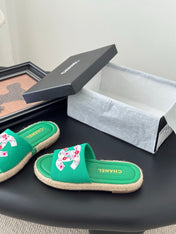 SLIPPERS IN GREEN SHEEPSKIN MIX FABRIC AND STRAPS BASE