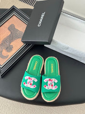 SLIPPERS IN GREEN SHEEPSKIN MIX FABRIC AND STRAPS BASE