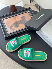 SLIPPERS IN GREEN SHEEPSKIN MIX FABRIC AND STRAPS BASE