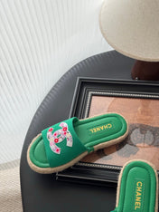 SLIPPERS IN GREEN SHEEPSKIN MIX FABRIC AND STRAPS BASE