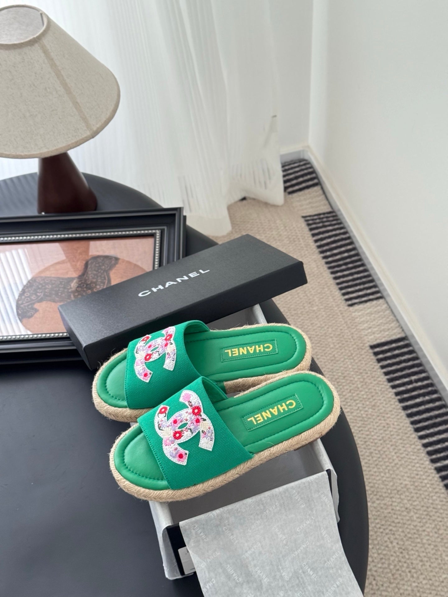 SLIPPERS IN GREEN SHEEPSKIN MIX FABRIC AND STRAPS BASE