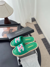 SLIPPERS IN GREEN SHEEPSKIN MIX FABRIC AND STRAPS BASE