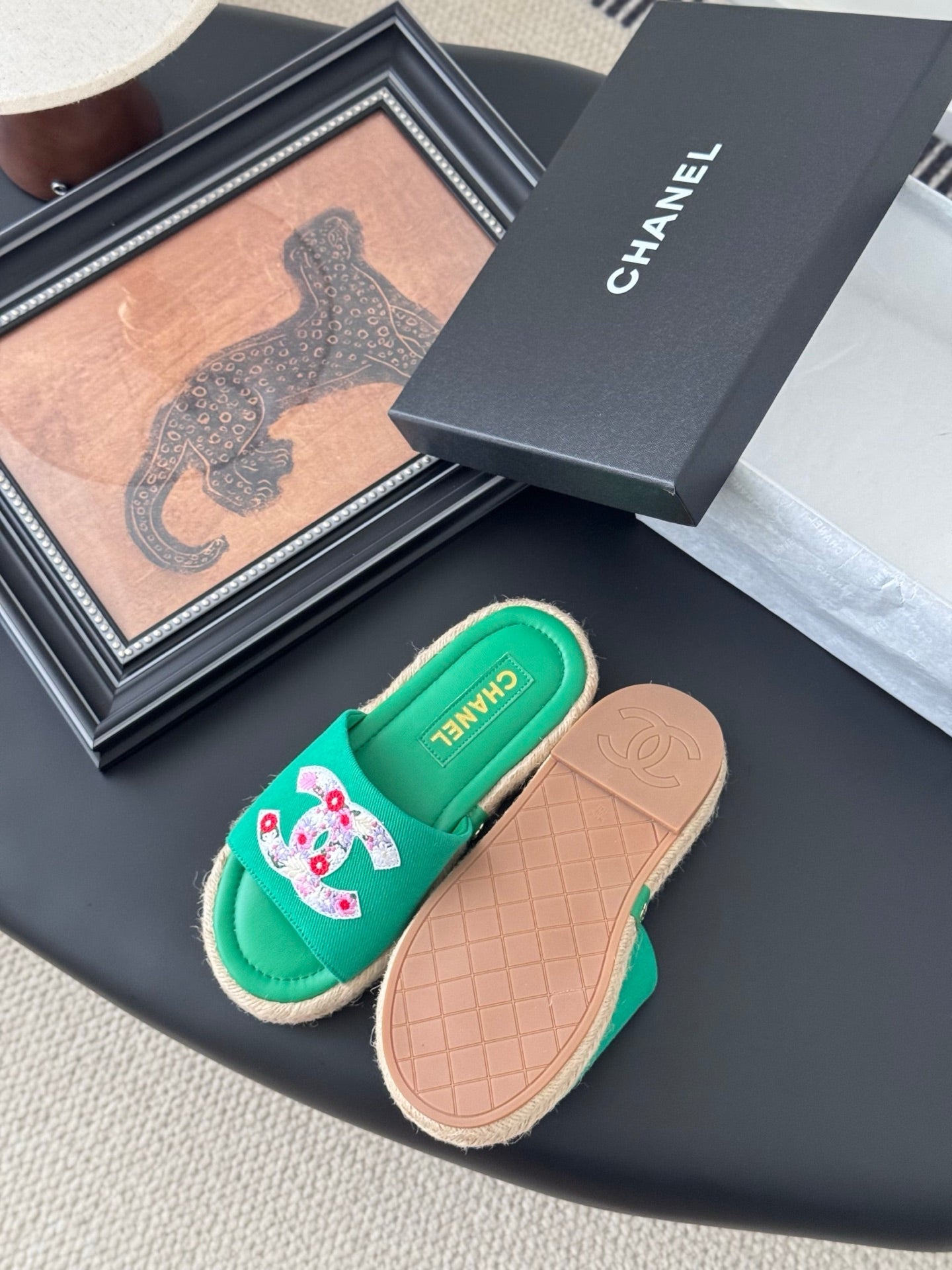 SLIPPERS IN GREEN SHEEPSKIN MIX FABRIC AND STRAPS BASE