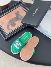 SLIPPERS IN GREEN SHEEPSKIN MIX FABRIC AND STRAPS BASE